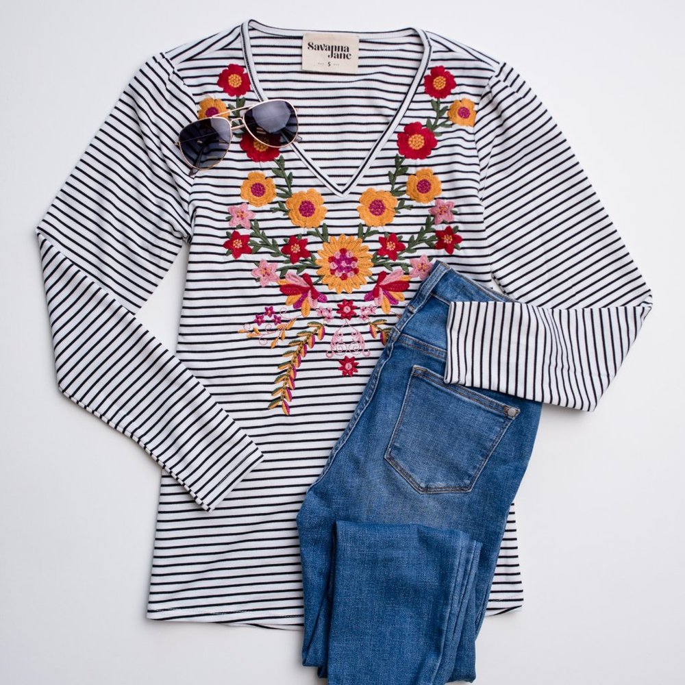 New! Striped Embroidered Long Sleeve Shirt